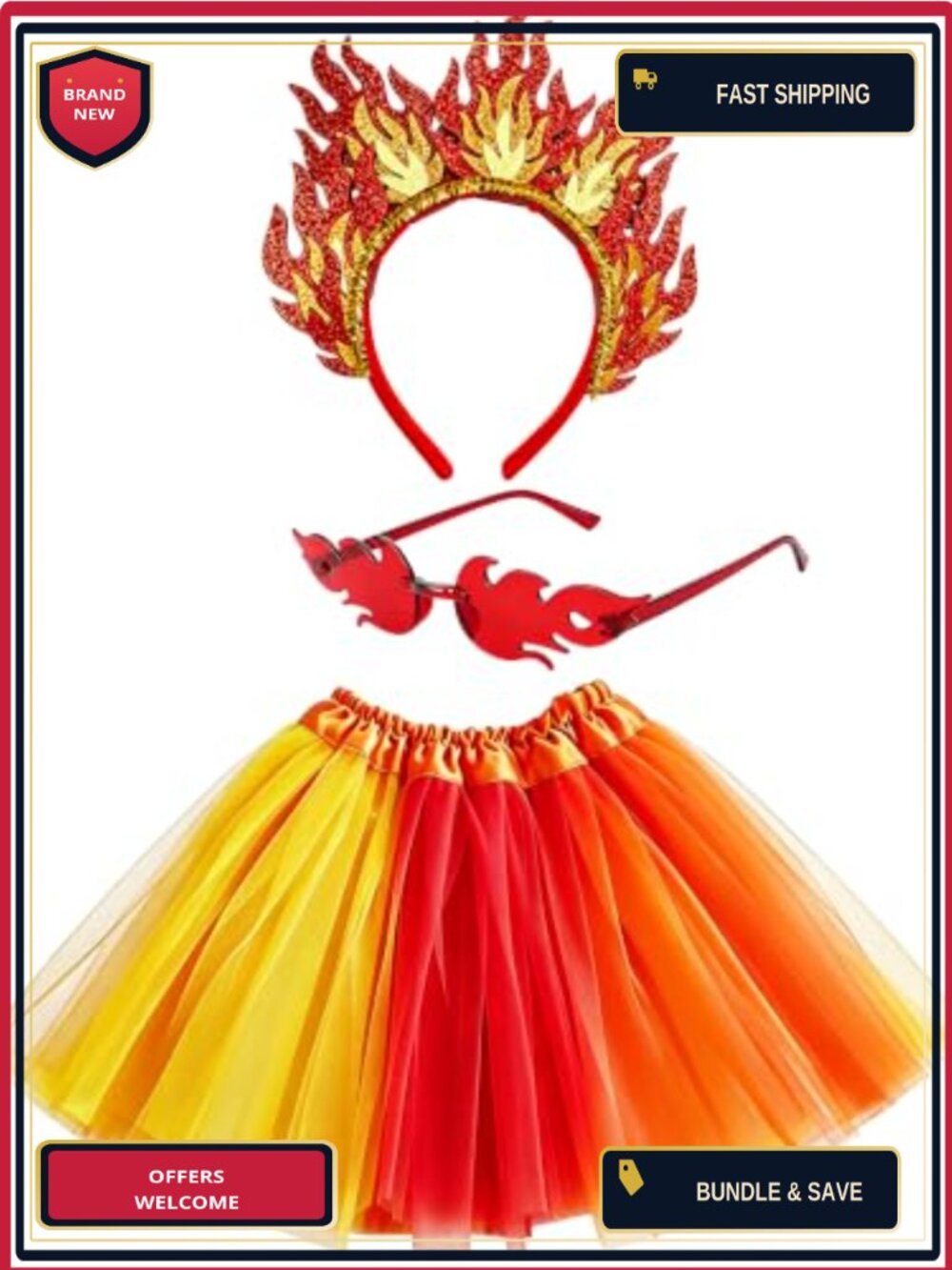 Fire Flame Costume Set Tutu Headband Sunglasses Halloween Cosplay